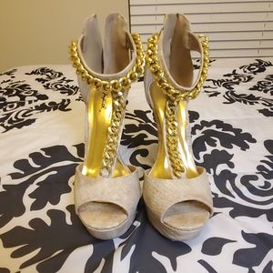 Nude Snake Skin Heels w/ Gold Chain